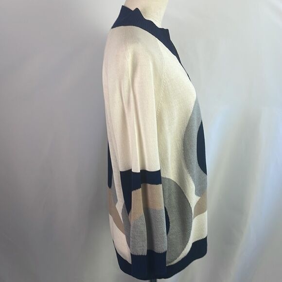 St. John Tan, Navy and Grey Print Knit Zip Cardigan - Picture 2 of 6